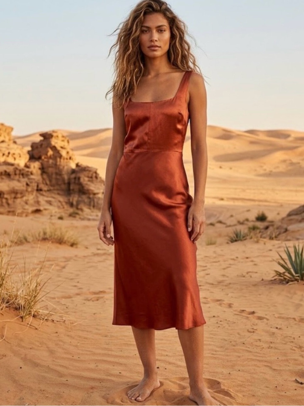 Vince Rust Satin Square-Neck Midi Dress